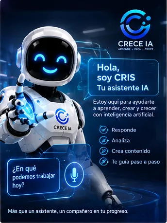 CRIS, asistente inteligente de Crece IA, en la composición visual aprobada.